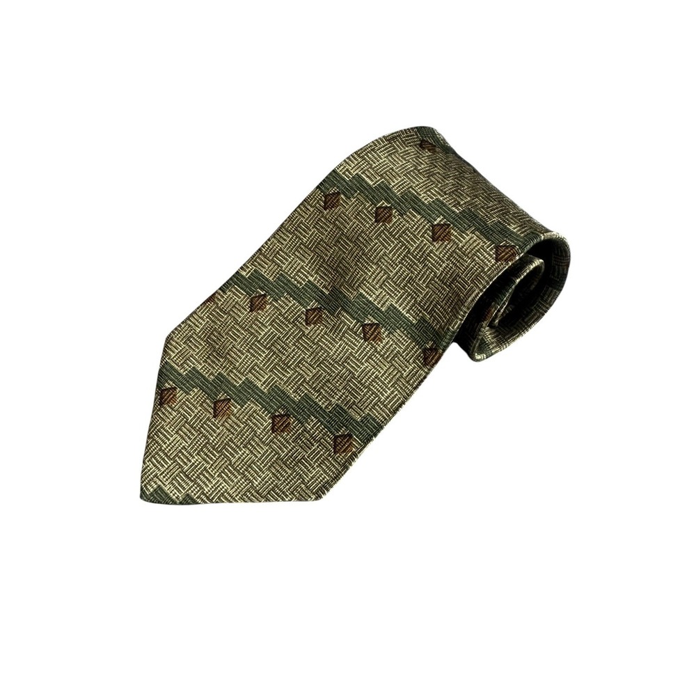 BILL BLASS Silk Necktie Green Geometric Woven Medallion Classic 56in 3.75in